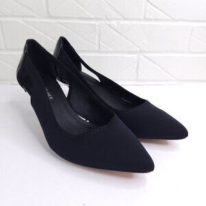 Donald Pliner Black Neoprene Point Toe Kitten Heel Patent Leather Silver Accent